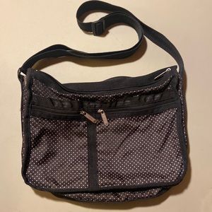 LE SPORTSAC - Deluxe Everyday Bag POLKA DOTS BLACK Straps - Preowned